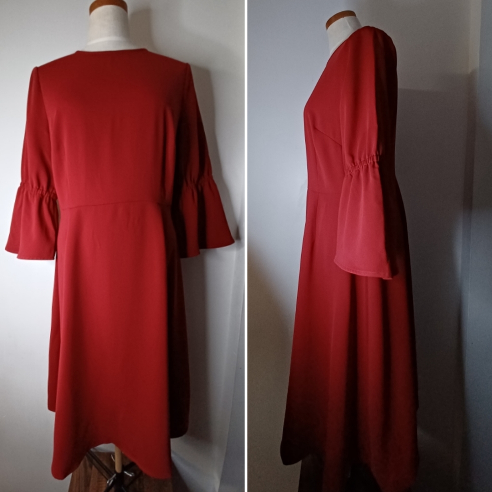 J.Jill Christian Siriano Fit and Flare Bell Sleeve Dress Ruby Red Womens 10 / M